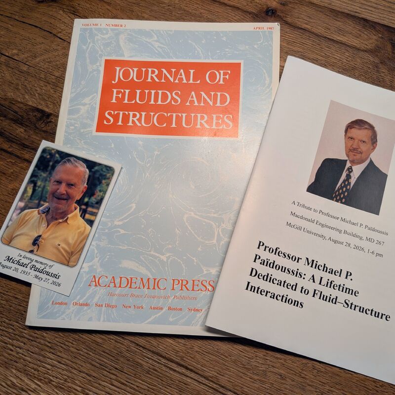 The Journal of Fluids and Structures, Volume 1, Number 2 (April 1987), the memorial card and the programme of the tribute to Professor Michael P. Païdoussis
