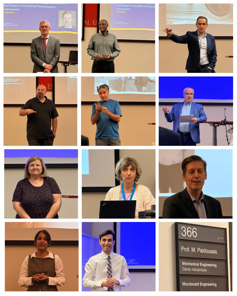 Speakers and participants at the tribute, and the door sign of Prof. M. Paidoussis, Macdonald Engineering